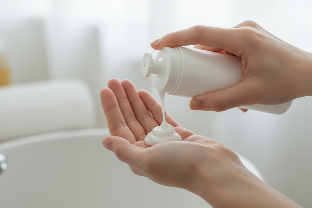 women putting face wash cream in her hands